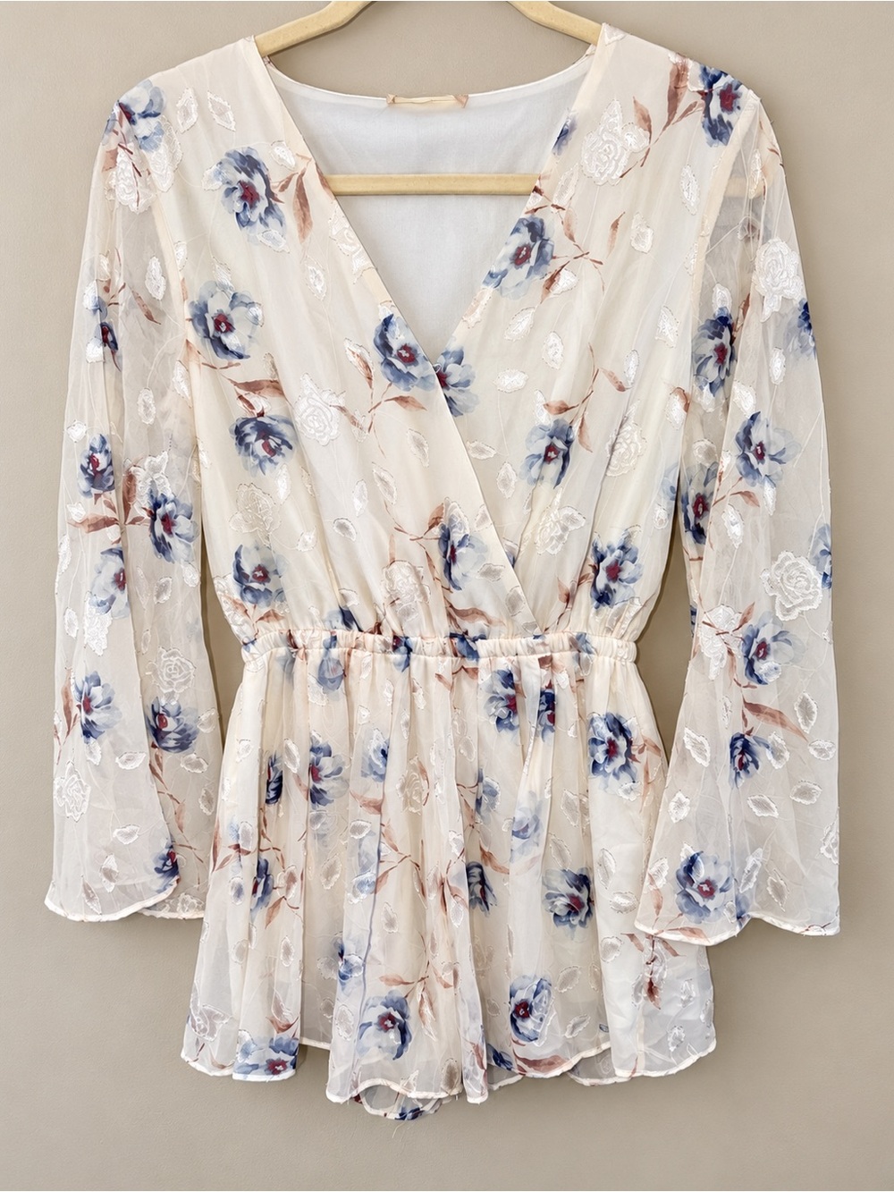 Altar’d State Floral Embroidered Long Sleeve Romper Size Small Ivory Blue